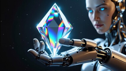 Futuristic female android with glowing blue eyes holding a holographic crystal prism in a cosmic setting