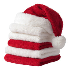 A Pile of  Stacked Spiral Red Santa hat soft fluffy  isolated on transparent background