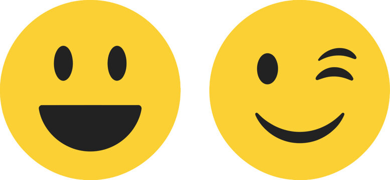Naklejki Two cheerful yellow emoji faces one smiling broadly and the other winking with a smile