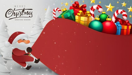 Santa Claus with a huge bag on the run to delivery christmas gifts at snow fall.Merry Christmas text Calligraphic Lettering Vector illustration.
