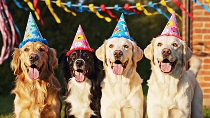Four happy dogs wearing colorful party hats and standing in front of festive streamers celebrating a special occasion outdoors