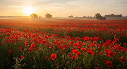 A vibrant field of red poppies under a golden sunrise sky with a foggy horizon.