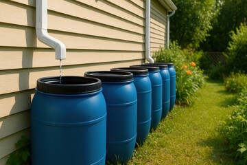 Rainwater harvesting system home garden photography green environment close-up sustainability