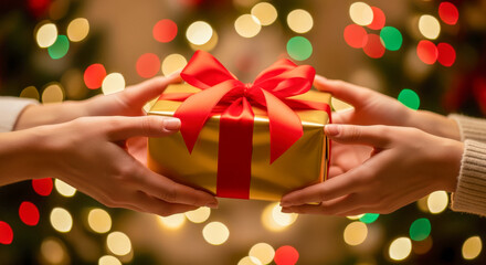 Two hands exchanging a golden gift box tied with a red ribbon, with a bokeh of Christmas lights in the background.
