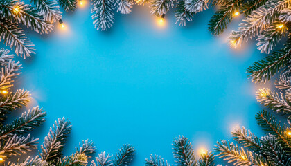 A festive frame of snow-dusted pine branches and warm fairy lights on a bright blue background.
