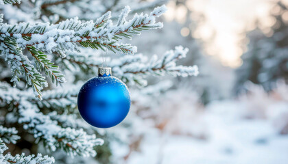A single electric blue Christmas ornament hangs from a snow-covered pine branch in a winter forest.