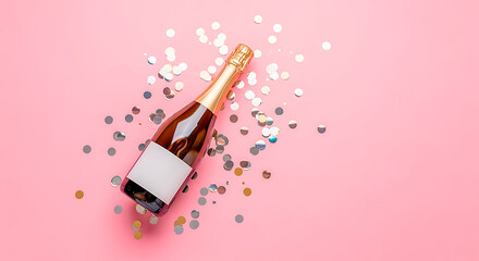 A bottle of champagne with a blank label lies on a pink background surrounded by silver and gold confetti.