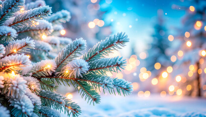 A close-up of a snow-covered pine tree branch adorned with twinkling Christmas lights, set against a blurred background of a winter forest with more bokeh lights.