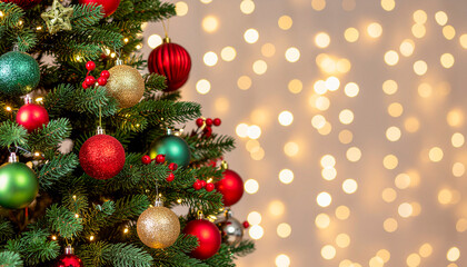 A close-up shot of a beautifully decorated Christmas tree with colorful ornaments and twinkling lights.