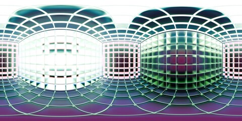 HDRI map featuring a stylized 3D grid environment with neon lighting and a curved geometric space. Perfect for sci-fi renders, product mockups, or abstract 3D visualizations.