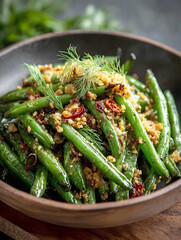 Deliciously seasoned green beans tossed with breadcrumbs, chili flakes, and fresh dill, served in a rustic wooden bowl