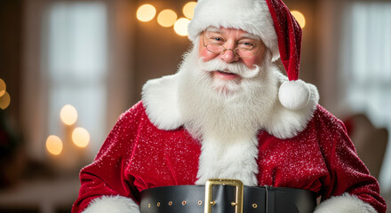 A cheerful Santa Claus with a white beard and mustache, wearing his iconic red suit and hat, smiles warmly.