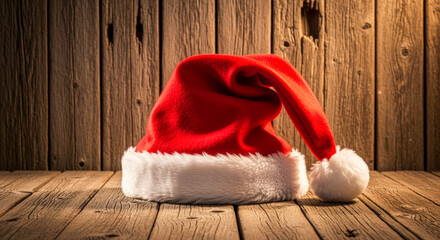 A classic red Santa hat with a white fluffy trim rests on a rustic wooden surface.