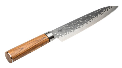 A sharp chefs knife with a textured blade and wooden handle, isolated on transparent background