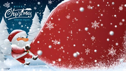 Santa Claus with a huge bag on the run to delivery christmas gifts at snow fall.Merry Christmas text Calligraphic Lettering Vector illustration.