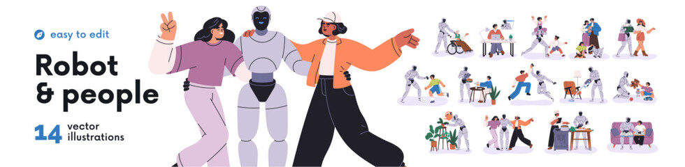 Fototapeta na wymiar Robots help people set. Futuristic humanoid bot assistants care, support in business, housework, assist with kid. Future AI technology in life. Flat vector illustrations isolated on white background