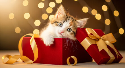 A cute fluffy kitten peeking out of a red gift box tied with a golden ribbon, with bokeh lights in the background.