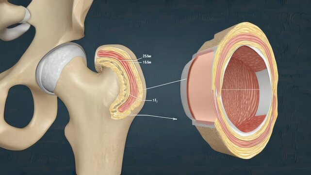 Hip Joint Anatomy Illustration with Cross-Sectional View, Femur Head, Acetabulum, Cartilage Layers, and Bone Structure for Medical Education