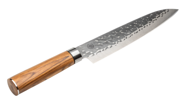 A sharp chefs knife with a textured blade and wooden handle, isolated on transparent background