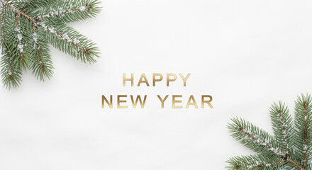 Elegant Happy New Year text with frosted pine branches on a white background.