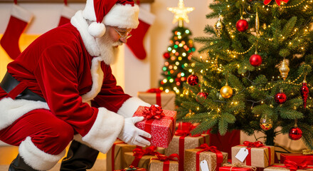 Santa Claus carefully places a wrapped gift under a decorated Christmas tree, surrounded by presents.