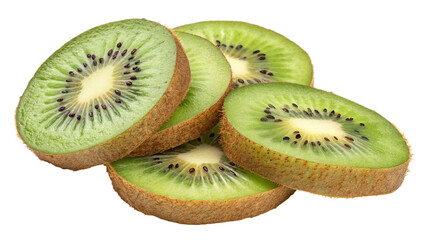 Fototapeta premium Several slices of fresh kiwi fruit, showing the vibrant green flesh and black seeds, isolated on transparent background