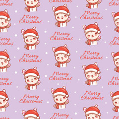 Seamless vector Christmas pattern with a bunny in a Santa hat and the inscription "Merry Christmas", holiday vector illustration