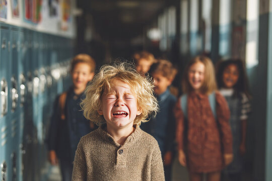 Child boy crying in school hallway while other kids laugh around him - Powered by Adobe