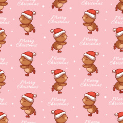 Seamless vector Christmas pattern with a bear skating, festive New Year wrapping paper