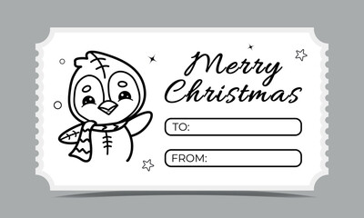 Funny Christmas invitation card with a cute penguin, vector coloring page for kids