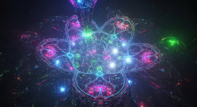 Abstract neon light flower design with colorful glowing tendrils and luminous orbs in a dark