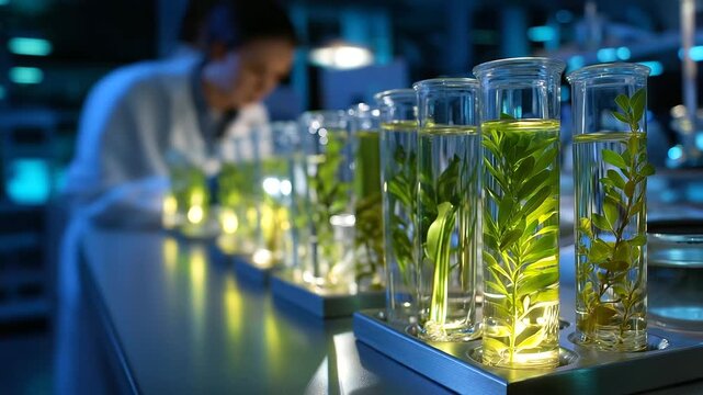 Rows of plant-filled test tubes illuminated softly, faceless researcher faintly defocused in background, minimal biotech aesthetic, with copy space