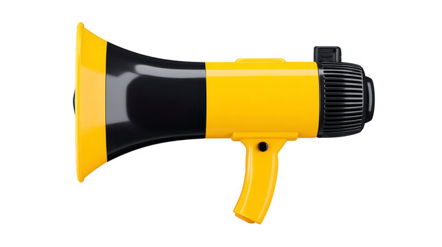 Yellow black megaphone plastic loudspeaker isolated on transparent background communication tool announcement device modern design realistic style energetic and attention grabbing