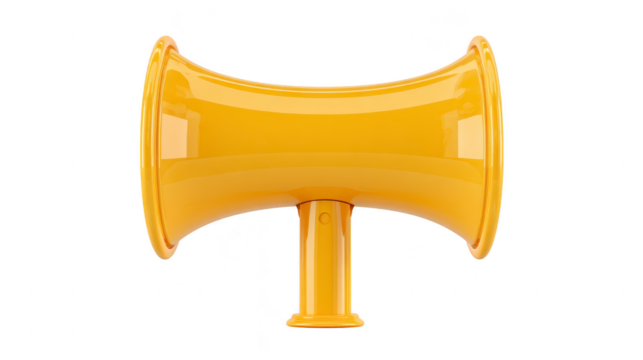 Yellow megaphone glossy plastic isolated on transparency background front view communication announcement loudspeaker public address modern design vibrant color energetic mood