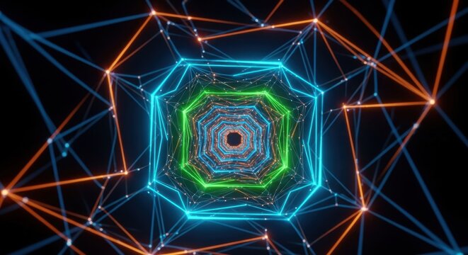 Futuristic digital tunnel with vibrant neon lines creating a mesmerizing geometric pattern - Powered by Adobe