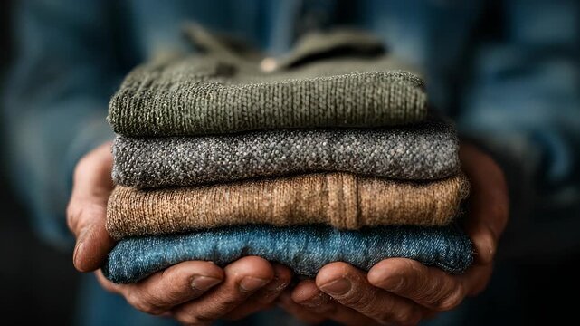 Man Holding Stack of Folded Knitted Sweaters, Close-Up of Hands Presenting Assorted Wool Clothes, Sustainable Fashion and Textile Concept