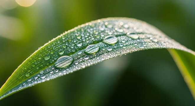 A detailed macro view of natural dew droplets resting on a green leaf surface.