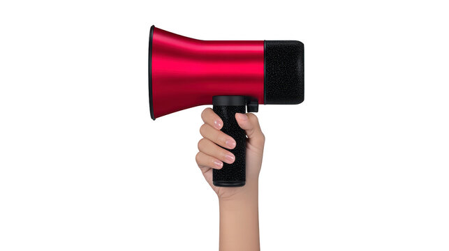 Hand holding red megaphone with black handle isolated on transparent background, communication and announcement concept, close up, modern design, energetic and assertive mood