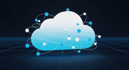 Digital cloud technology with interconnected nodes representing cloud computing services and data