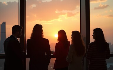 A group of diverse business people engages in brainstorming on a high rise balcony at sunset, fostering creativity and collaboration. The silhouette adds an inspiring and contemplative ambiance.