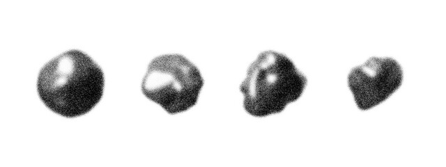 3D stone shapes with grain texture and gritty noise texture. Abstract rock spheres in monochrome style show rough stipple shading, dusty concrete feel and organic grain patterns for raw geometric 