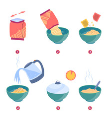 Cartoon Color Step by Step Instant Noodle Preparation Guide Concept Flat Design Style. Vector illustration of Instruction