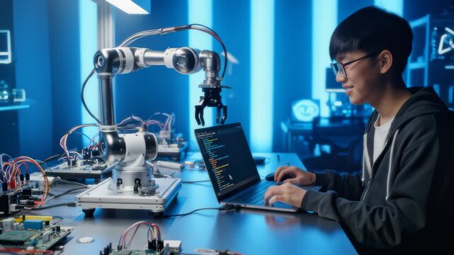 Young Man Programs Robot Arm in Futuristic Tech Laboratory