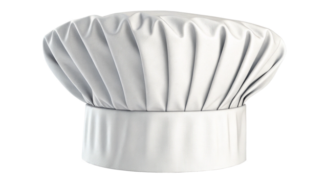 A traditional white chefs hat, also known as a toque blanche, isolated on transparent background