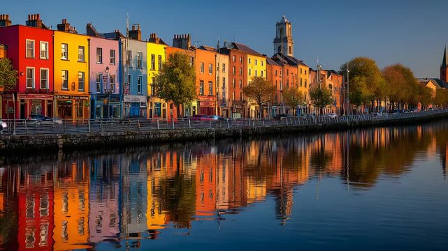 Limerick Cityscape: Colorful Buildings Reflecting in the River Shannon, Ireland, Featuring Architecture, Trees, and Clear Blue Sky at Sunset