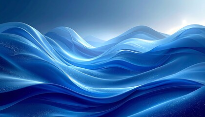 Abstract image of fluid, translucent blue waves cascading rhythmically against a bright, hazy, light-filled horizon