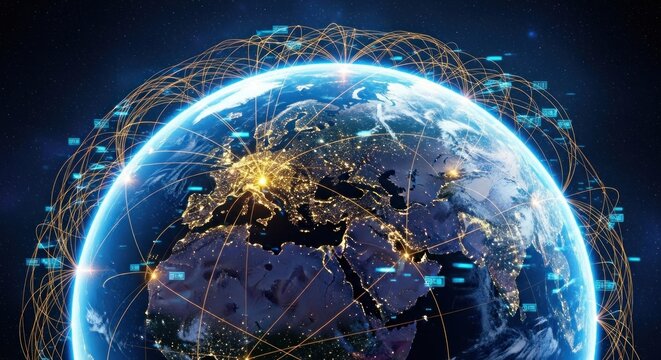 The Earth with a network of connections around it, representing global communication and connectivity.
