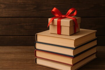 Gift box on stacked books cozy home office still life photography warm atmosphere close-up celebration ideas