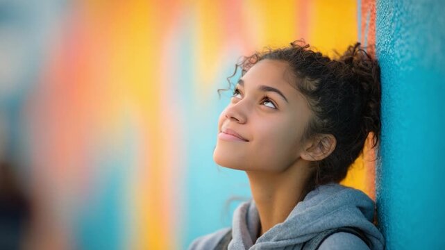 Daydreamer: A young, contemplative woman leans against a vibrant, multi-colored wall, her gaze turned upwards, lost in thought. A tender display of introspection and hope.