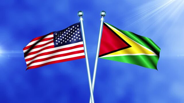 USA and Guyana Flag Waving On Pole Loop